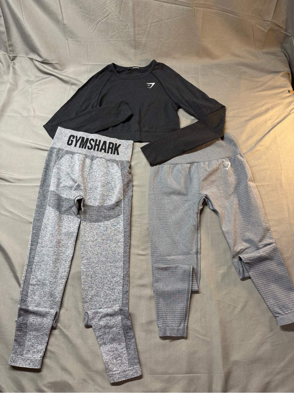 Gymshark Gray and Charcoal Seamless Leggings and Long Sleeve Crop Top set